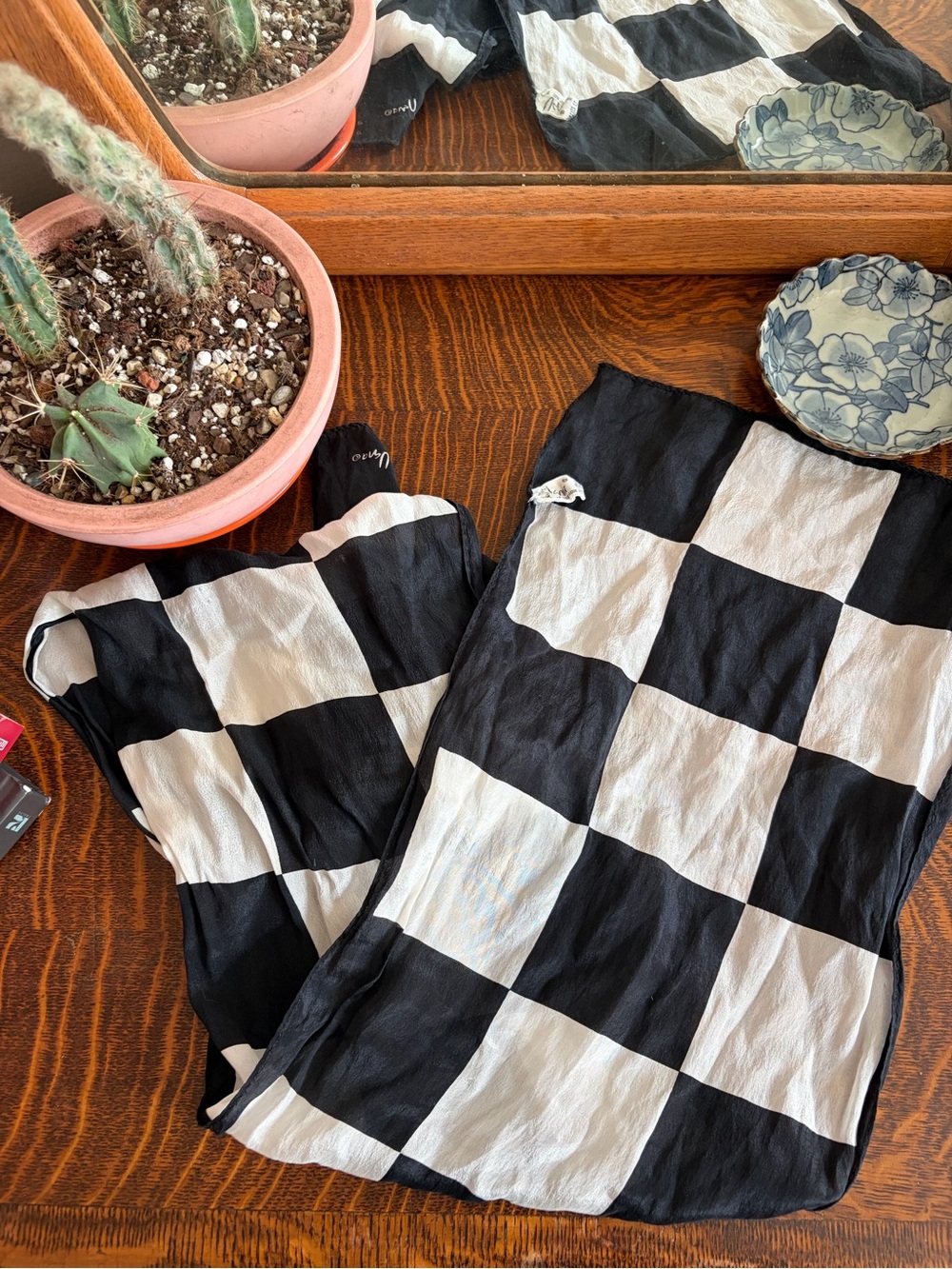 Vintage checkered black and white silk scarf